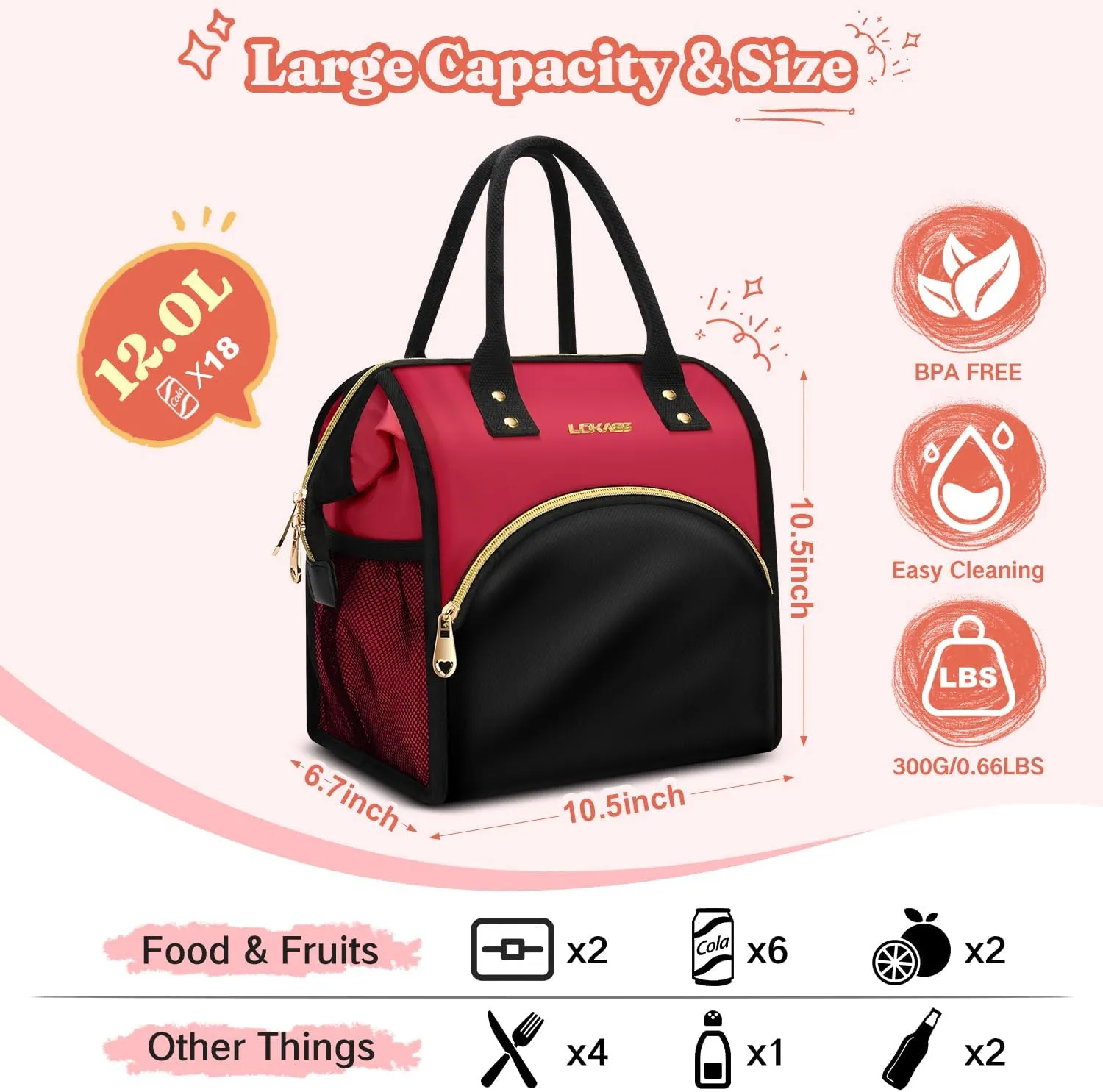 Lunch Bag Women Insulated Lunch Box Wide-Open Lunch Tote Bag Large Drinks Holder Durable Nylon Thermal Snacks Organizer for Men Adults Work Picnic Hiking Beach Fishing, Pink   Black