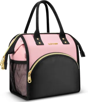 Lunch Bag Women Insulated Lunch Box Wide-Open Lunch Tote Bag Large Drinks Holder Durable Nylon Thermal Snacks Organizer for Men Adults Work Picnic Hiking Beach Fishing, Pink   Black