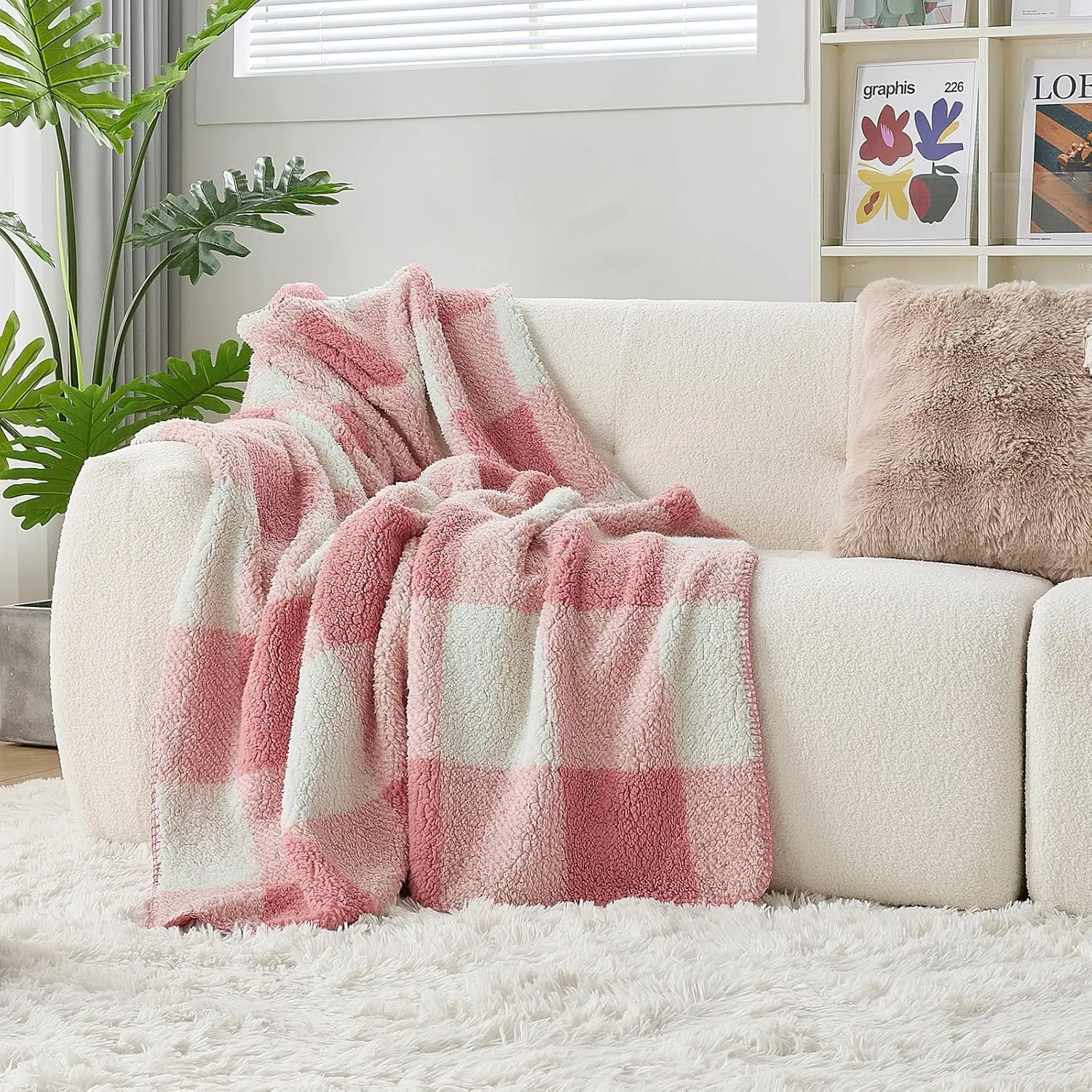 LURKA Checkered Sherpa & Polar Fleece Throw Blanket - 2-Sided Luxury Hypoallergenic Blankets for Couch, Bed, Pets (Powder Pink, Throw(50"x60"))