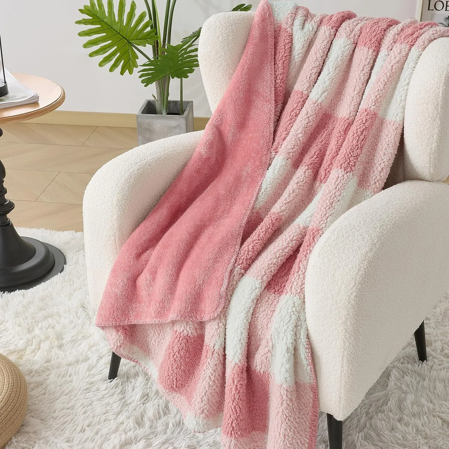 LURKA Checkered Sherpa & Polar Fleece Throw Blanket - 2-Sided Luxury Hypoallergenic Blankets for Couch, Bed, Pets (Powder Pink, Throw(50"x60"))