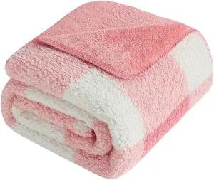 LURKA Checkered Sherpa & Polar Fleece Throw Blanket - 2-Sided Luxury Hypoallergenic Blankets for Couch, Bed, Pets (Powder Pink, Throw(50"x60"))