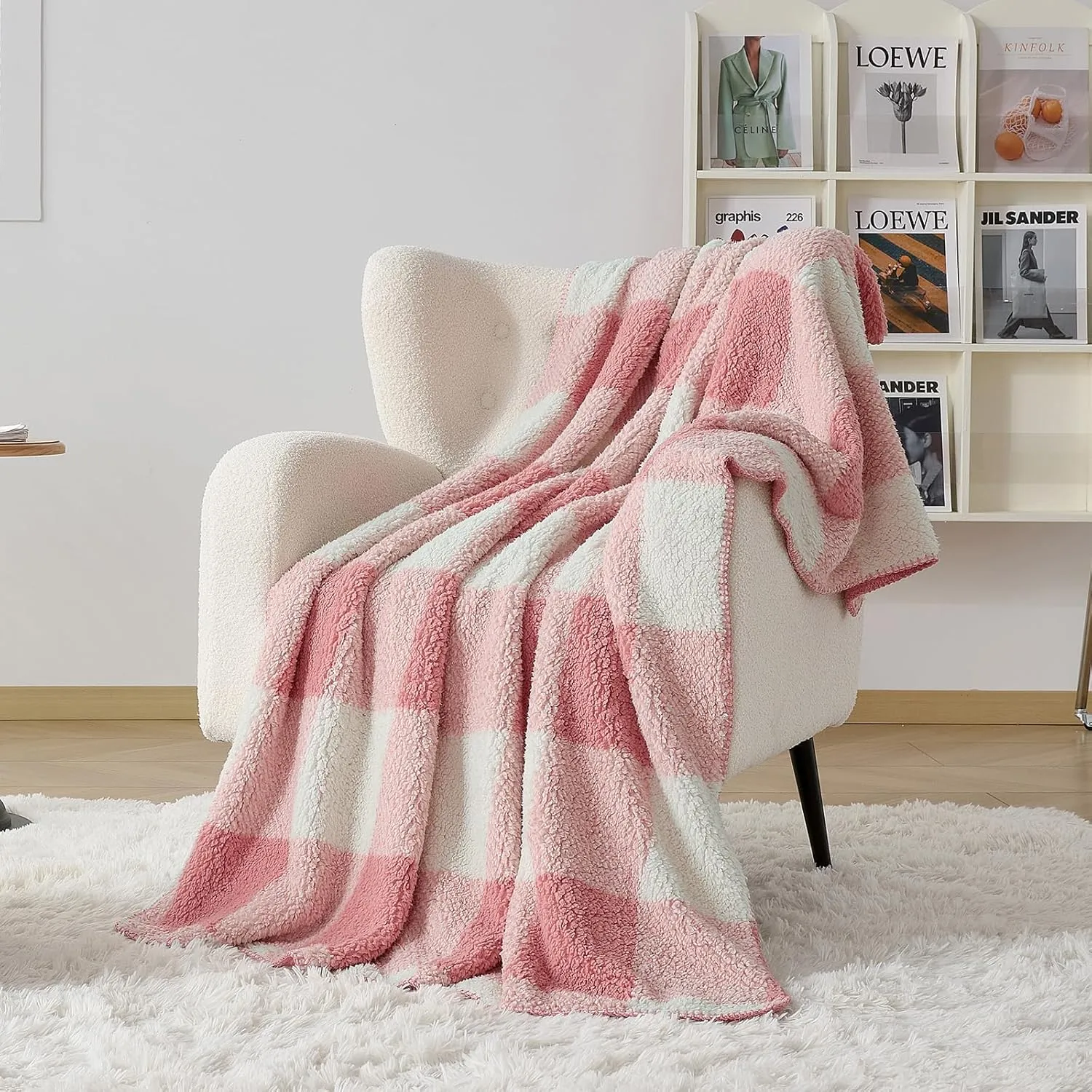 LURKA Checkered Sherpa & Polar Fleece Throw Blanket - 2-Sided Luxury Hypoallergenic Blankets for Couch, Bed, Pets (Powder Pink, Throw(50"x60"))