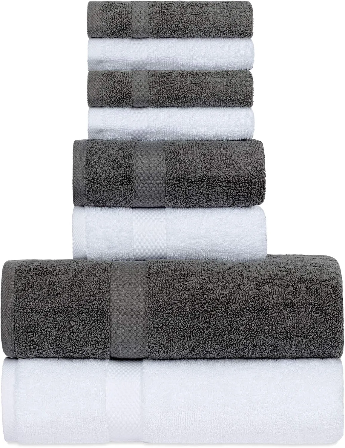 Luxury Bath Towel Set of 8 Pieces - 100% Turkish Cotton Highly Absorbent Towels for Bathroom, 2 Luxury Bath Towels 700GSM, 2 Hand Towels, 4 Washcloths, Gray White