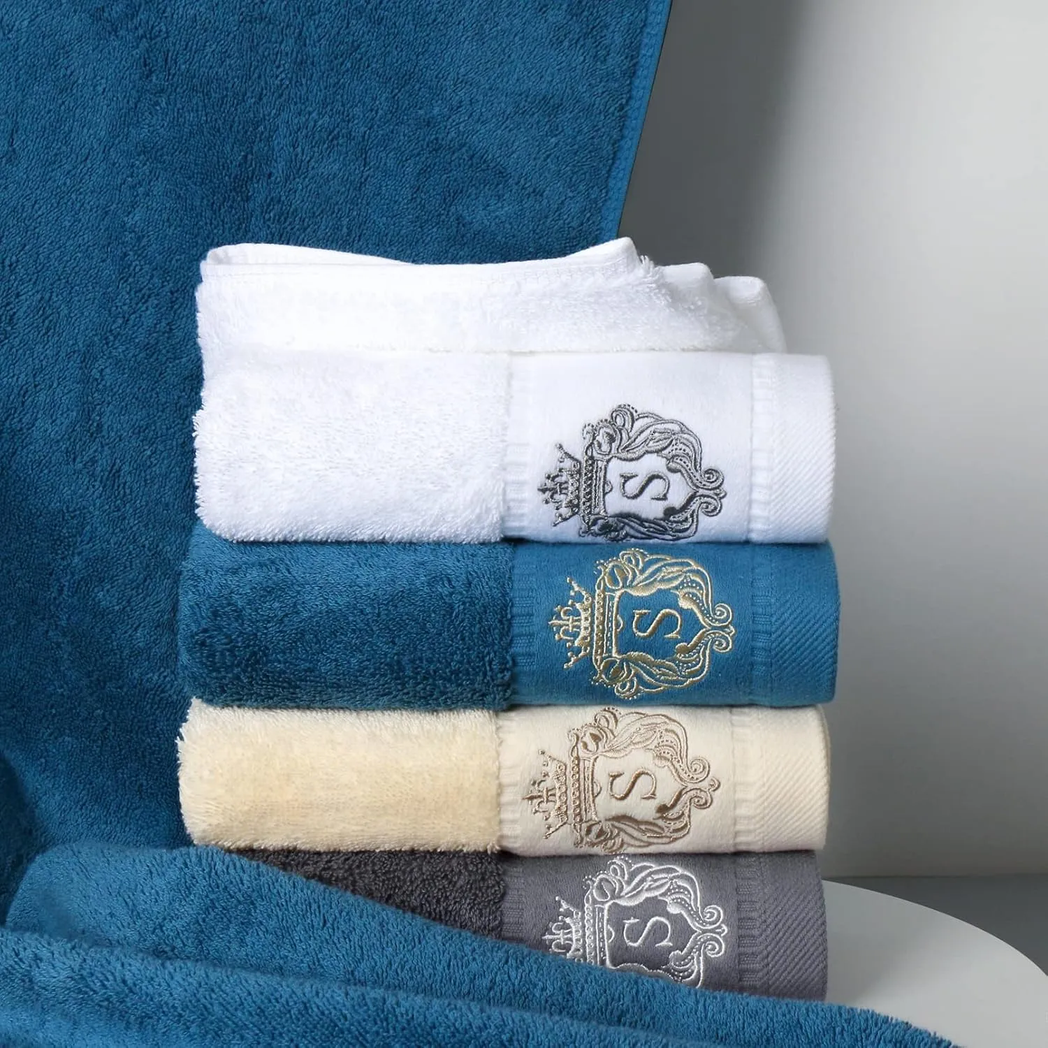 Luxury Bathroom Super Soft and Highly Absorbent Premium 100% Cotton Bath Towel Set for Gifts (Blue-M)