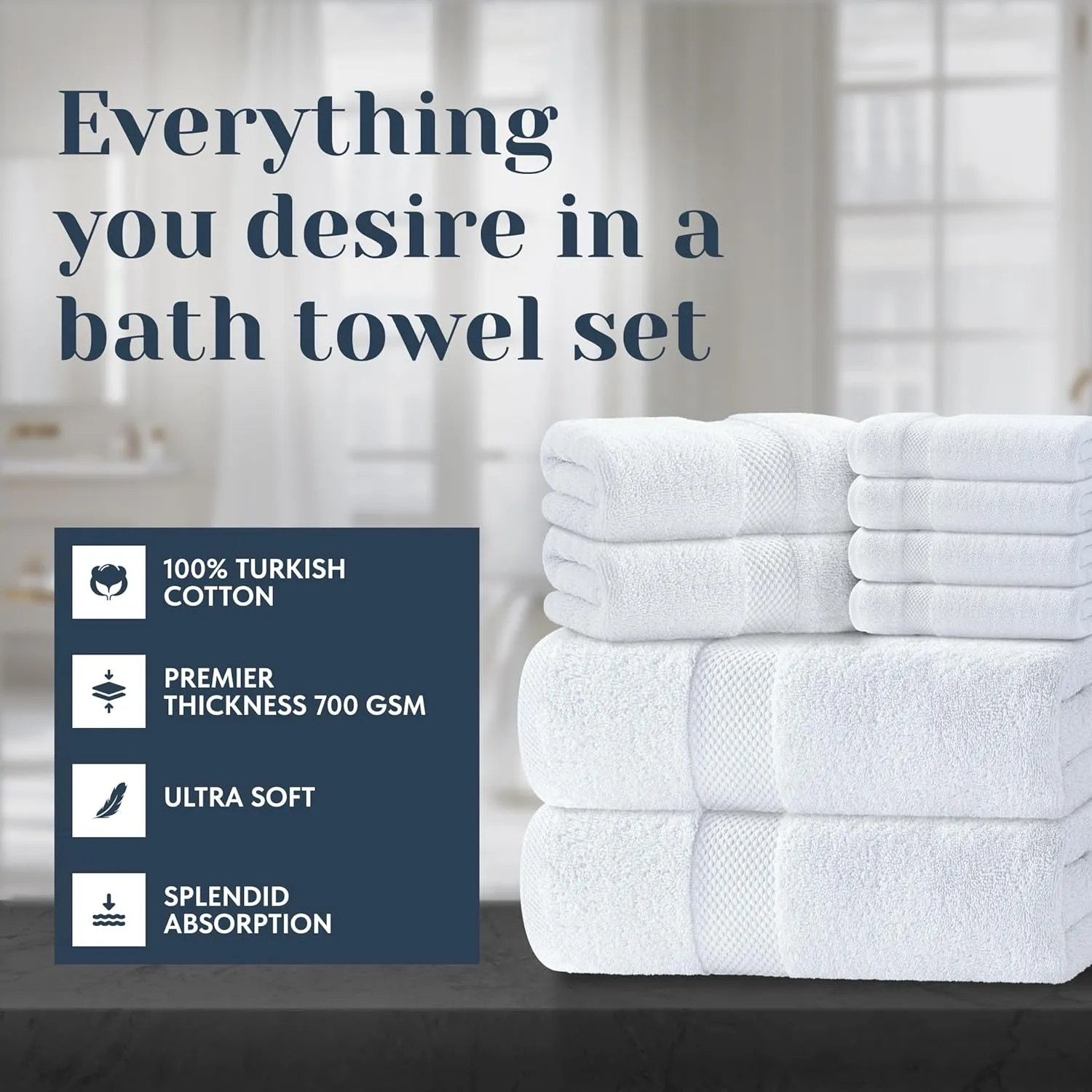 Luxury White Bath Towel Set of 8 Pieces - 100% Turkish Cotton Highly Absorbent Towels for Bathroom, 2 Luxury Bath Towels 700GSM, 2 Hand Towels, 4 Washcloths