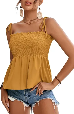 LYANER Women's Tie Shoulder Frill Shirred Ruffle Hem Sleeveless Strappy Cami Blouse Peplum Top