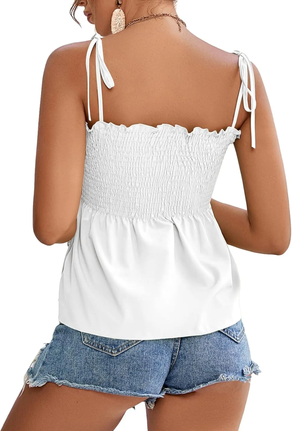 LYANER Women's Tie Shoulder Frill Shirred Ruffle Hem Sleeveless Strappy Cami Blouse Peplum Top