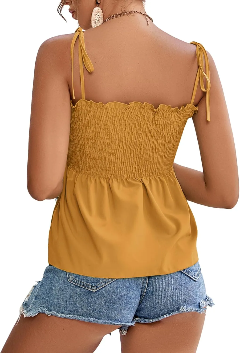 LYANER Women's Tie Shoulder Frill Shirred Ruffle Hem Sleeveless Strappy Cami Blouse Peplum Top