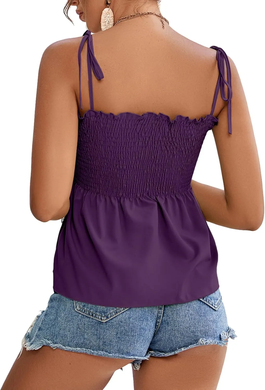 LYANER Women's Tie Shoulder Frill Shirred Ruffle Hem Sleeveless Strappy Cami Blouse Peplum Top