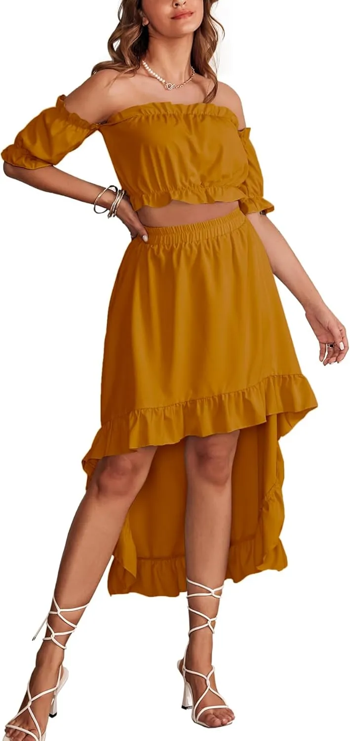 LYANER Women's Two Pieces Outfits Off Shoulder Crop Top and High Low Skirt Set