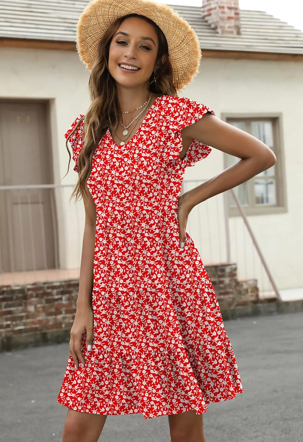 Lyrur Sundresses for Women Wedding Guest Cute Ruffle Sleeve Mini Tiered Babydoll Casual Beach Black Summer Dresses