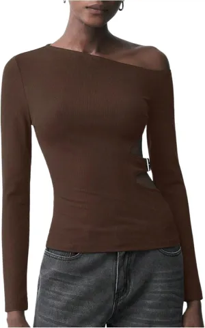 MakeMeChic Women's Asymmetrical Neck Hollow Out Long Sleeve Rib Knitted Tee Shirt Tops