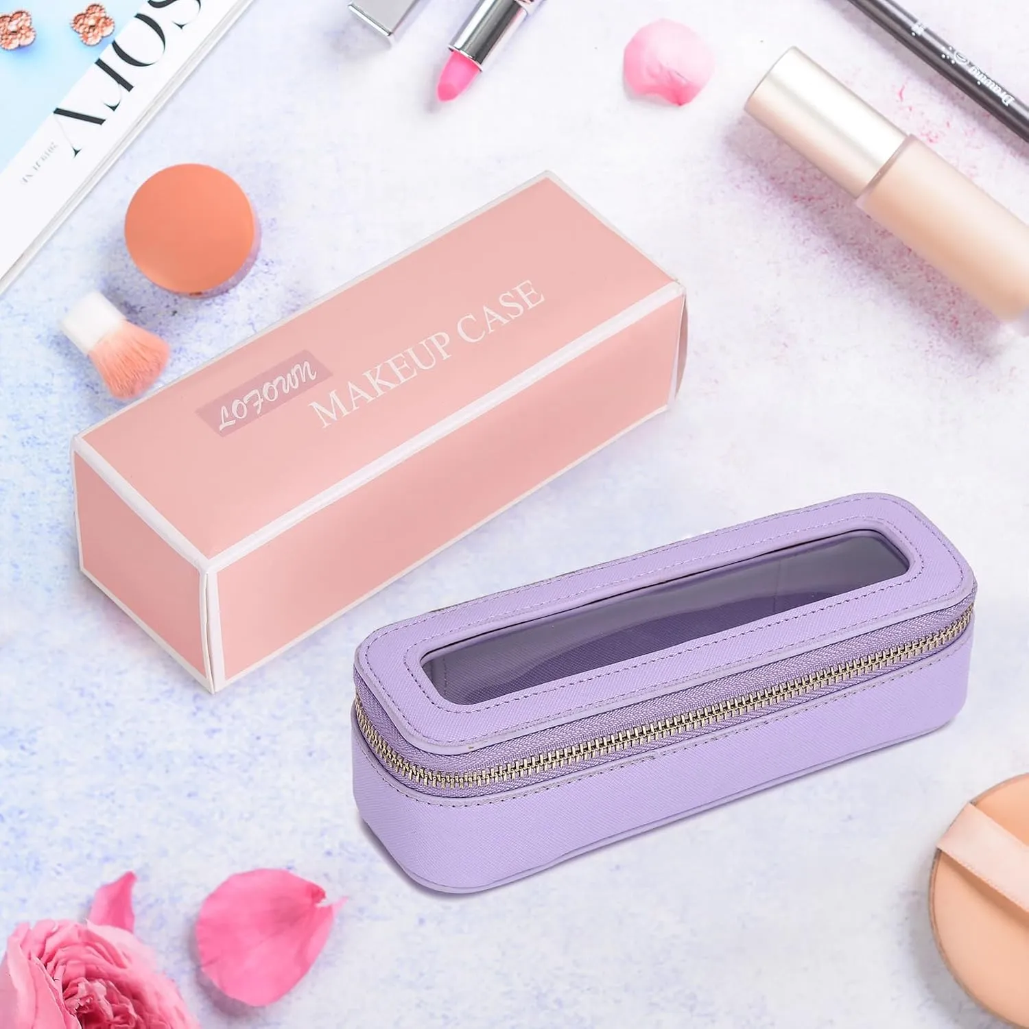Makeup Brush Bag Slim Clear Makeup Bag Travel Cosmetic Case and Brush Holder Waterproof Toiletry Makeup Bag with Zipper Purse Organizer for Women (Purple, Slim)