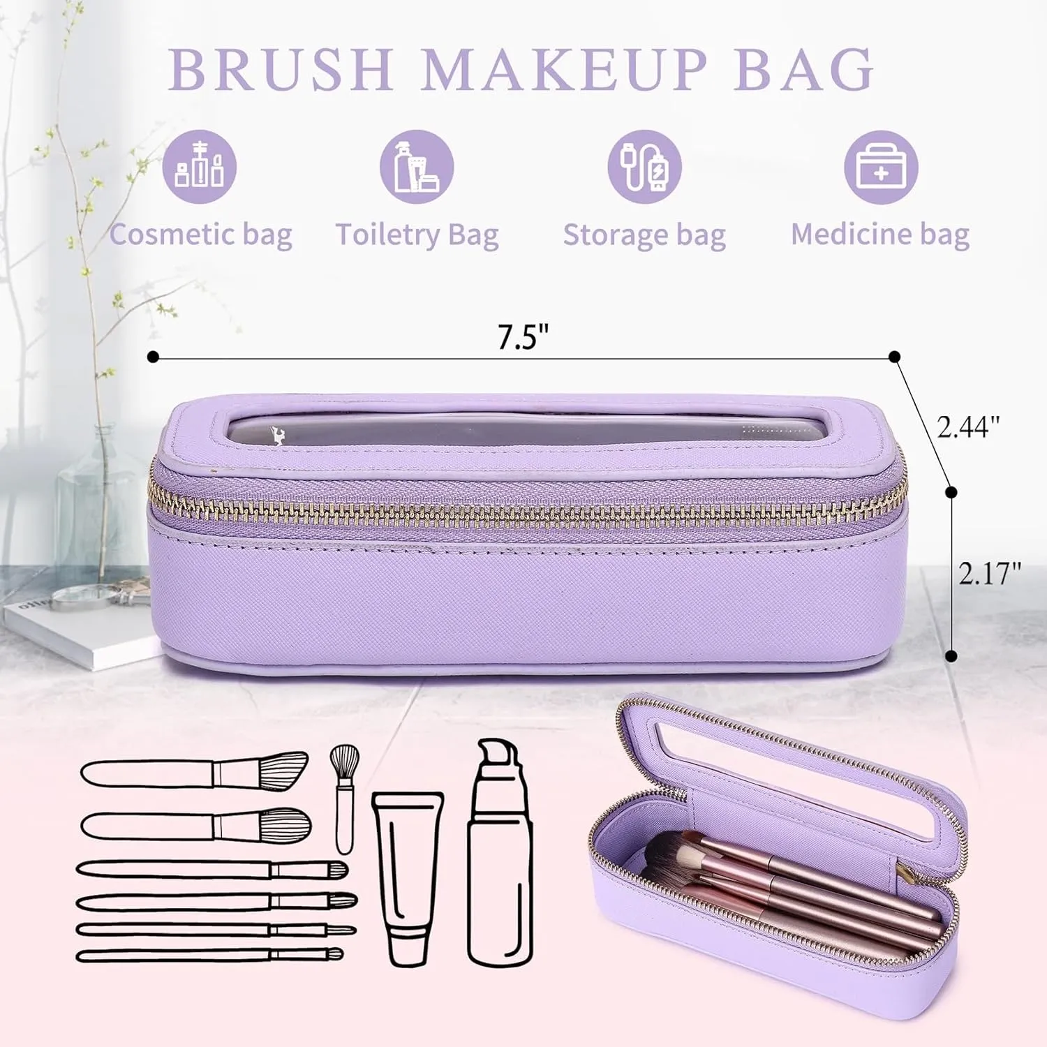 Makeup Brush Bag Slim Clear Makeup Bag Travel Cosmetic Case and Brush Holder Waterproof Toiletry Makeup Bag with Zipper Purse Organizer for Women (Purple, Slim)