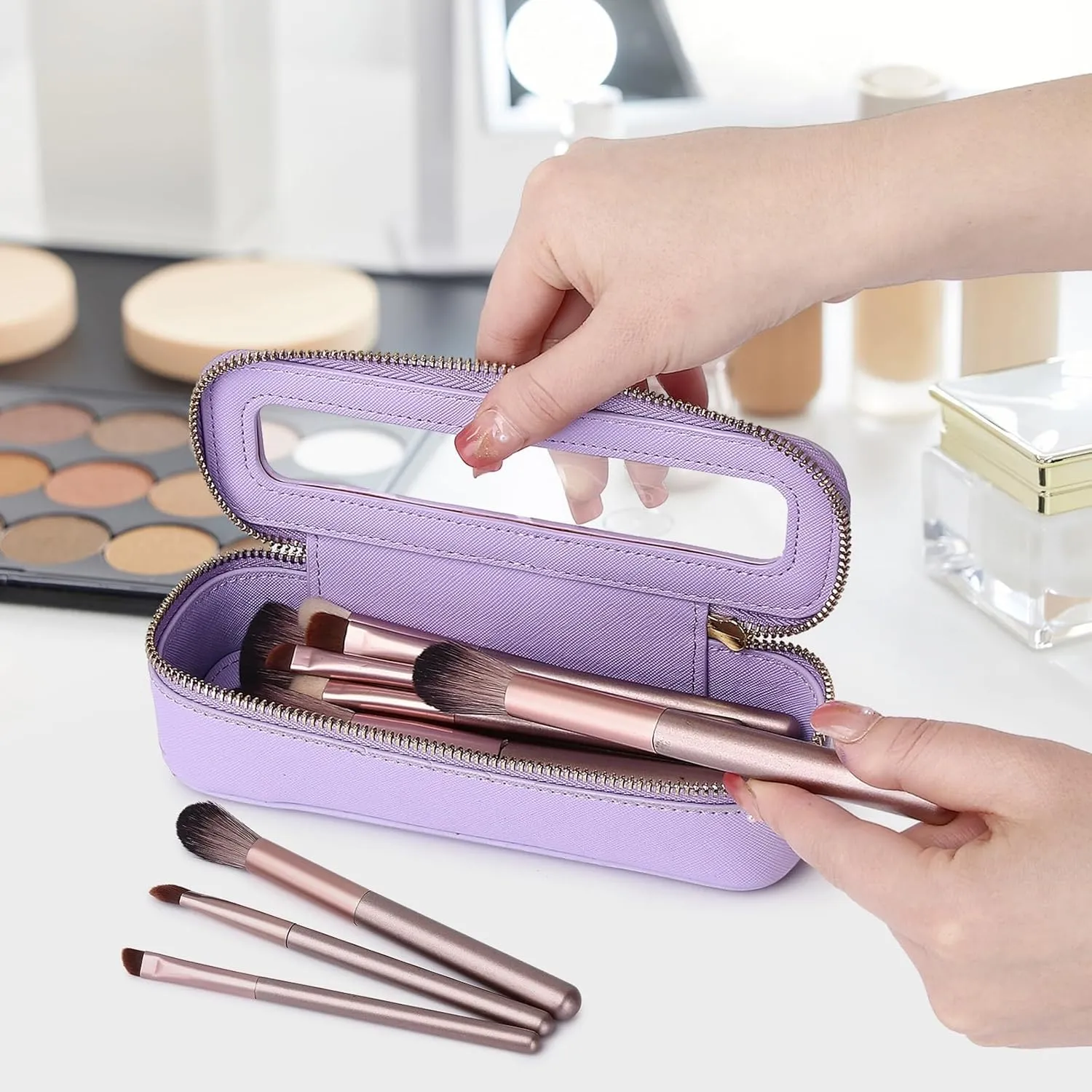 Makeup Brush Bag Slim Clear Makeup Bag Travel Cosmetic Case and Brush Holder Waterproof Toiletry Makeup Bag with Zipper Purse Organizer for Women (Purple, Slim)