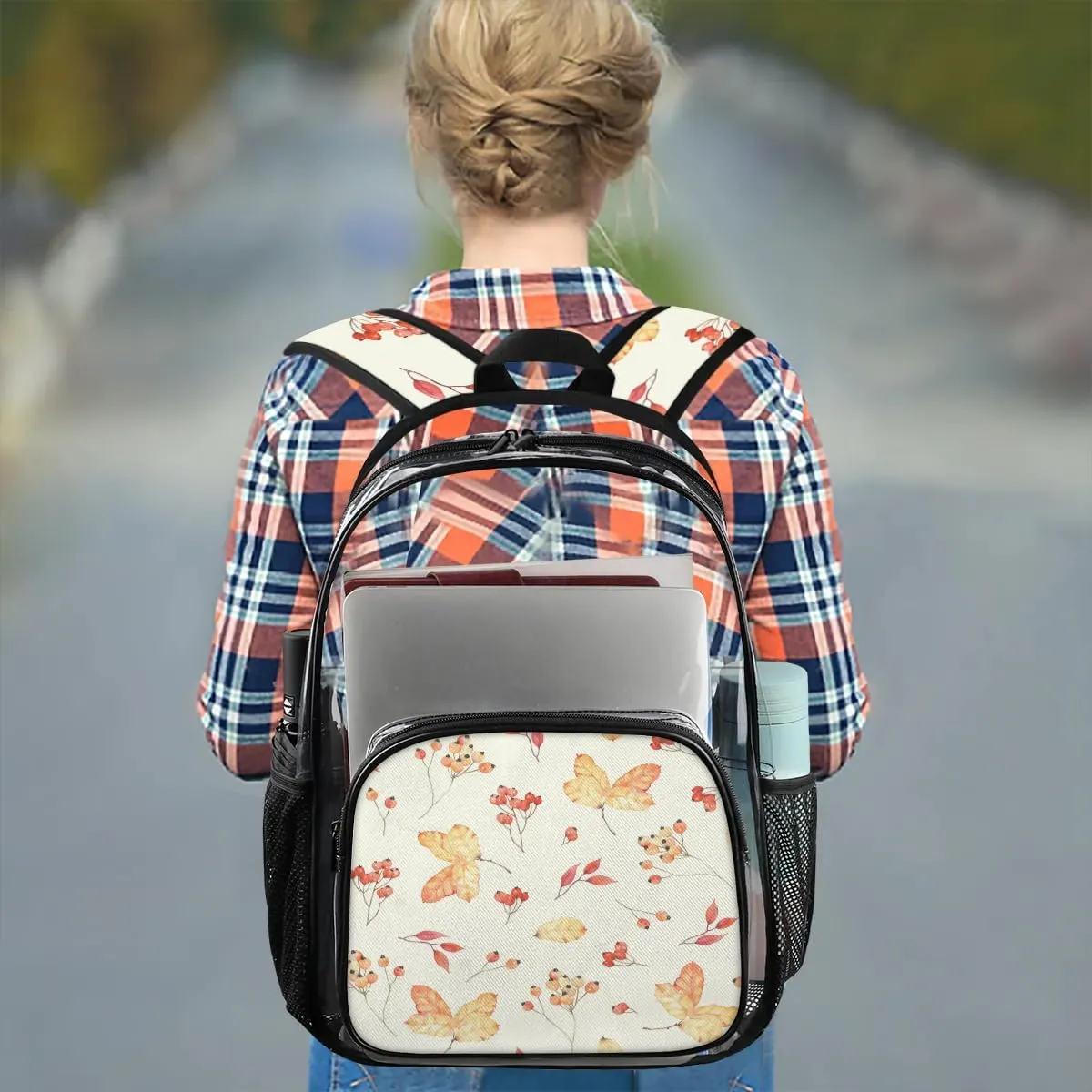 Maple Leaf Autumn Clear Backpack Stadium Approved Heavy Duty Transparent Backpack for Women Men Large PVC See Through Bag for Sports Event Concert Festival Work Travel