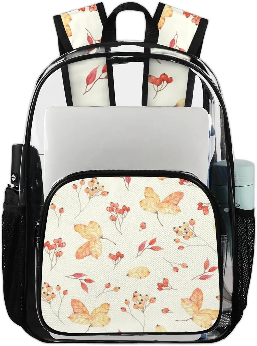 Maple Leaf Autumn Clear Backpack Stadium Approved Heavy Duty Transparent Backpack for Women Men Large PVC See Through Bag for Sports Event Concert Festival Work Travel