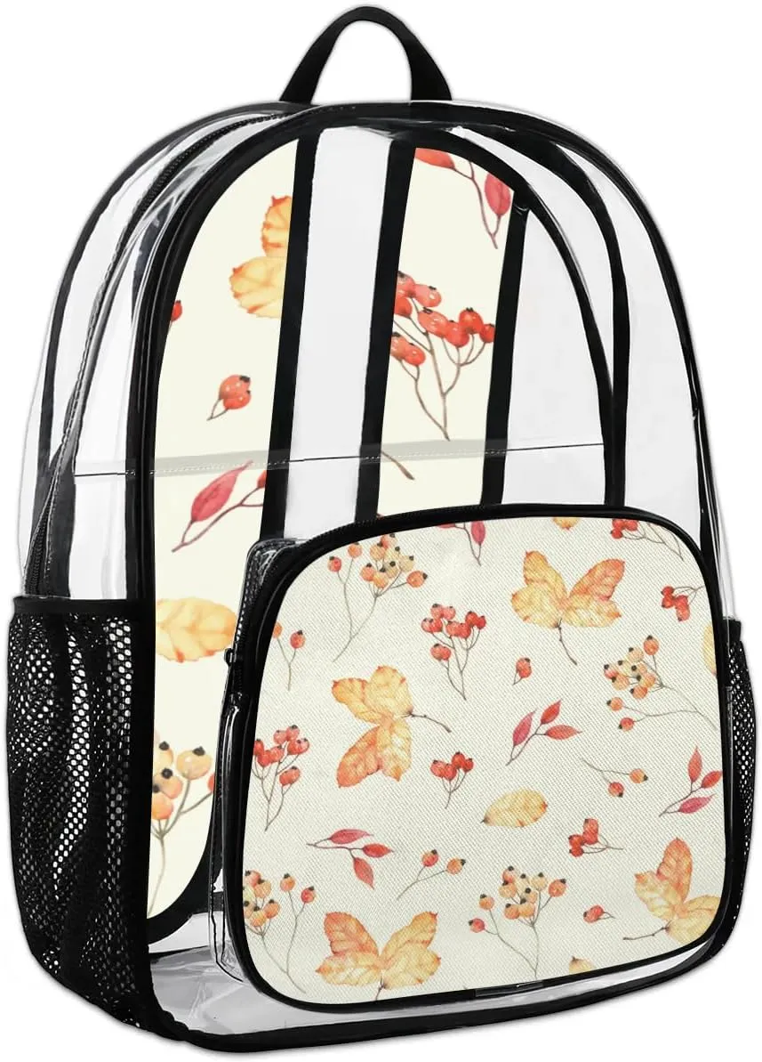 Maple Leaf Autumn Clear Backpack Stadium Approved Heavy Duty Transparent Backpack for Women Men Large PVC See Through Bag for Sports Event Concert Festival Work Travel