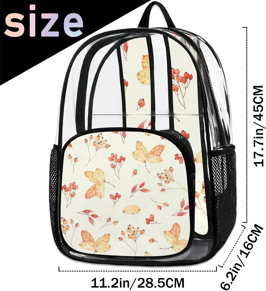 Maple Leaf Autumn Clear Backpack Stadium Approved Heavy Duty Transparent Backpack for Women Men Large PVC See Through Bag for Sports Event Concert Festival Work Travel