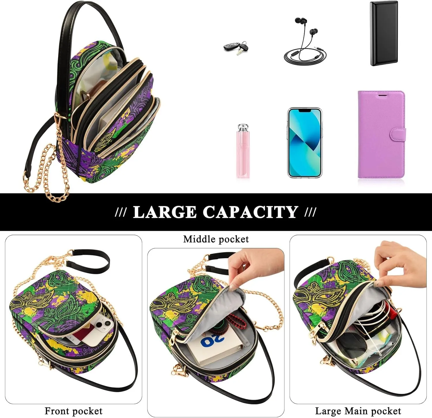 Mardi Gras Mask Colorful Small Crossbody Bags for Women Trendy Phone Bag