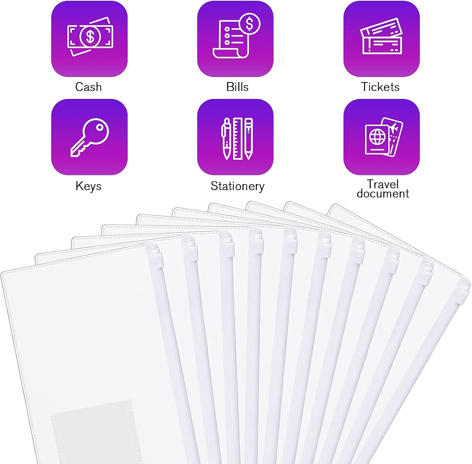 Marspark 100 Pieces Zipper Envelope Clear Pencil Case Bulk with Label Pocket Clear Plastic Envelopes with Zippered, A6 Pencil Bags for Cash, Office Supplies, 9.2 x 4.7 Inches(White)
