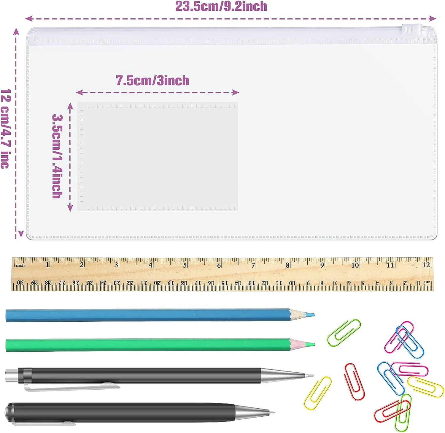 Marspark 100 Pieces Zipper Envelope Clear Pencil Case Bulk with Label Pocket Clear Plastic Envelopes with Zippered, A6 Pencil Bags for Cash, Office Supplies, 9.2 x 4.7 Inches(White)