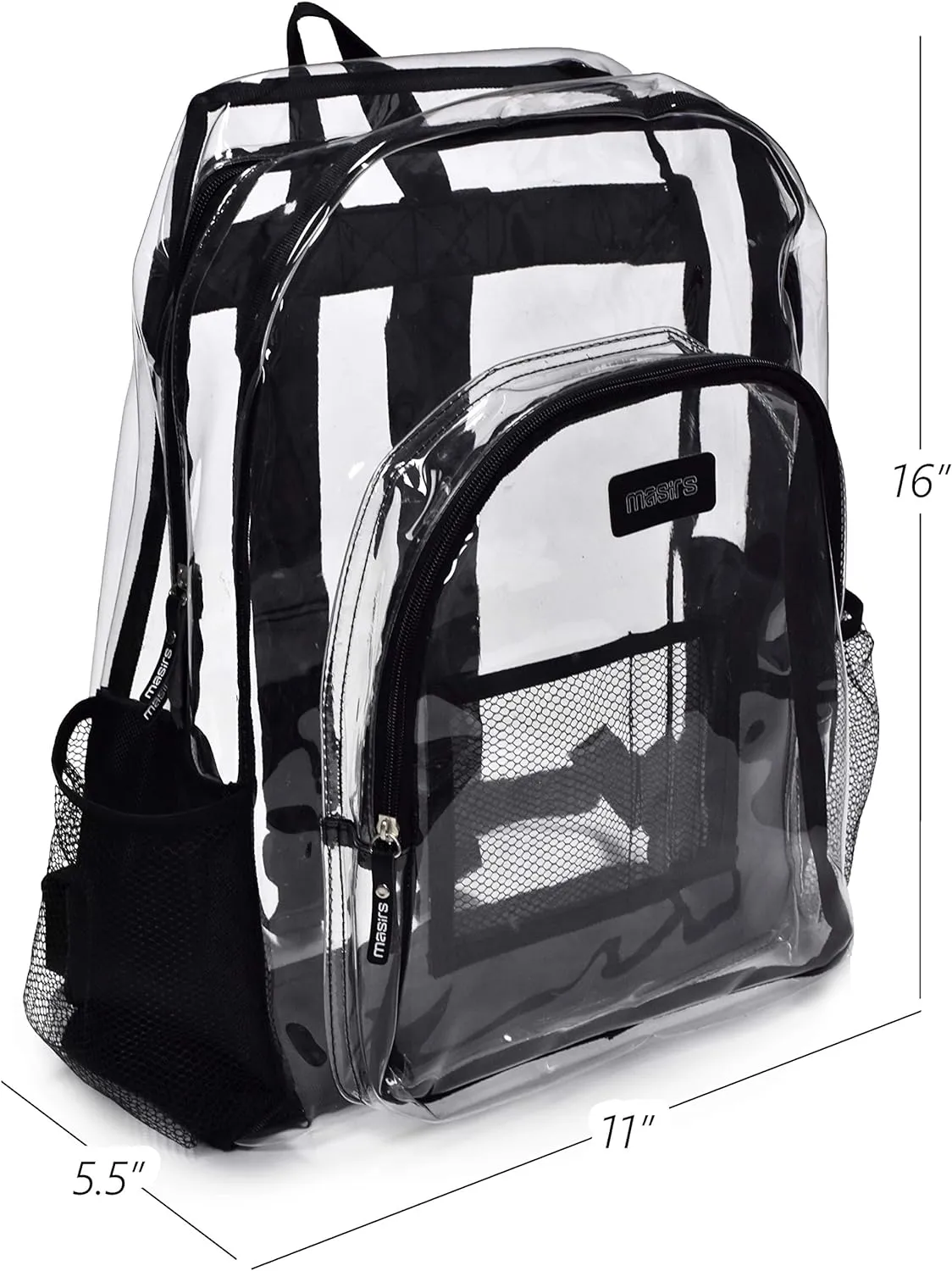 Masirs Heavy Duty Clear Backpack, Stadium Approved Transparent Design, Quick Access at Security Checkpoints, Adjustable Shoulder Straps, Dual Zippered Compartments & Mesh Side Pockets, (16"H x 11"W)
