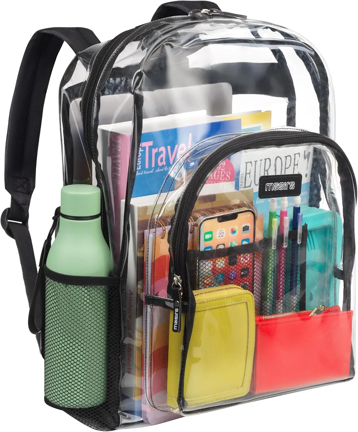 Masirs Heavy Duty Clear Backpack, Stadium Approved Transparent Design, Quick Access at Security Checkpoints, Adjustable Shoulder Straps, Dual Zippered Compartments & Mesh Side Pockets, (16"H x 11"W)