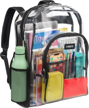 Masirs Heavy Duty Clear Backpack, Stadium Approved Transparent Design, Quick Access at Security Checkpoints, Adjustable Shoulder Straps, Dual Zippered Compartments & Mesh Side Pockets, (16"H x 11"W)