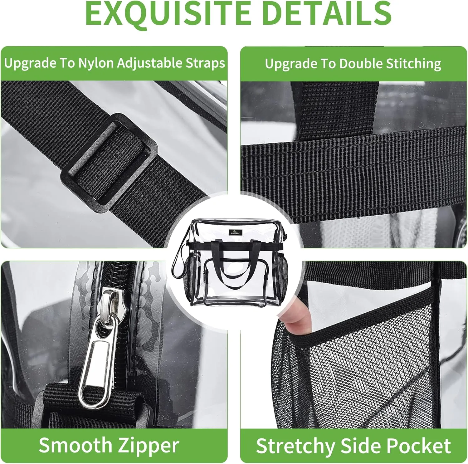 MAY TREE Clear Bag for Stadium Events 12×6×12 Clear Tote Lunch Bag with Reinforced Strap for Work, Concert and Sports, Black