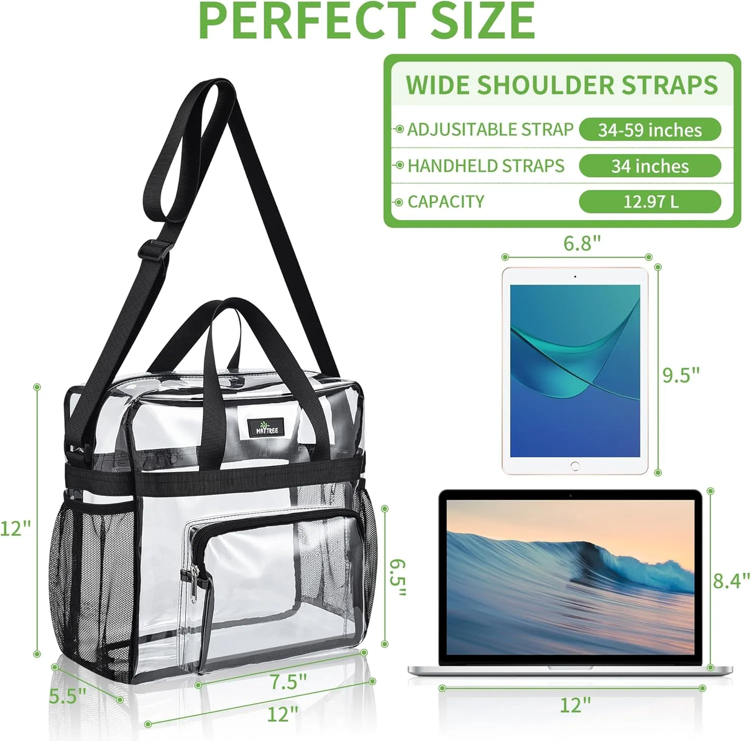 MAY TREE Clear Bag for Stadium Events 12×6×12 Clear Tote Lunch Bag with Reinforced Strap for Work, Concert and Sports, Black