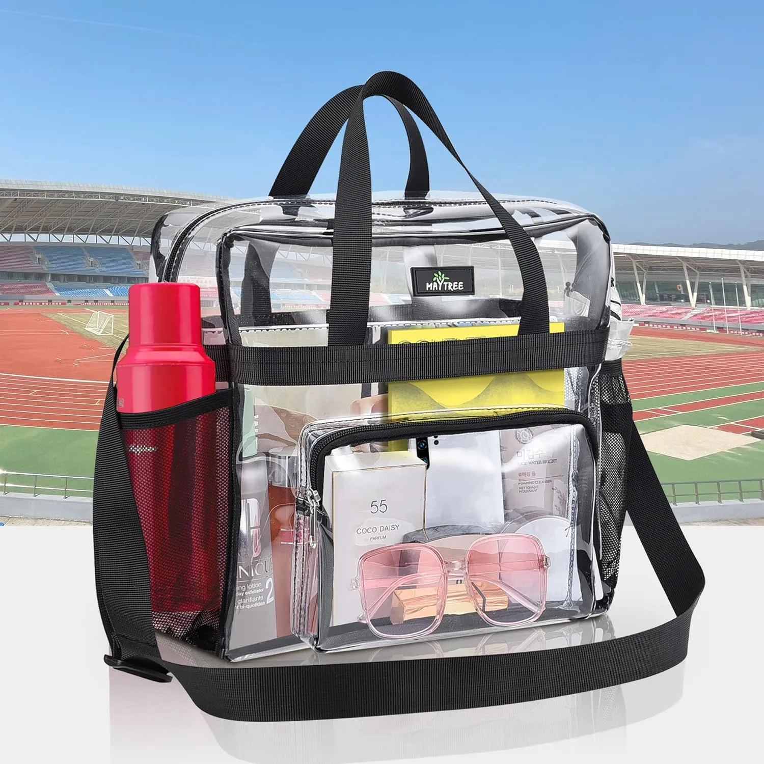 MAY TREE Clear Bag for Stadium Events 12×6×12 Clear Tote Lunch Bag with Reinforced Strap for Work, Concert and Sports, Black