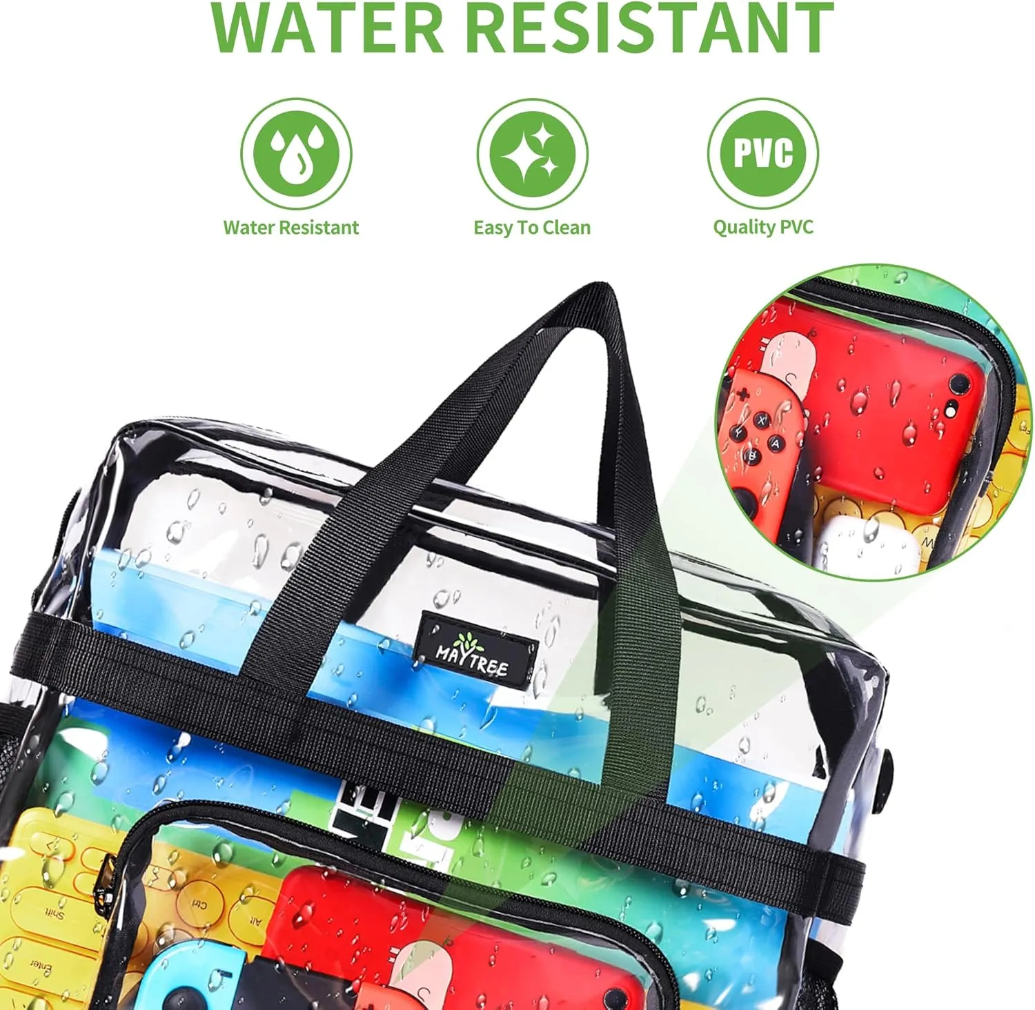 MAY TREE Clear Bag for Stadium Events 12×6×12 Clear Tote Lunch Bag with Reinforced Strap for Work, Concert and Sports, Black