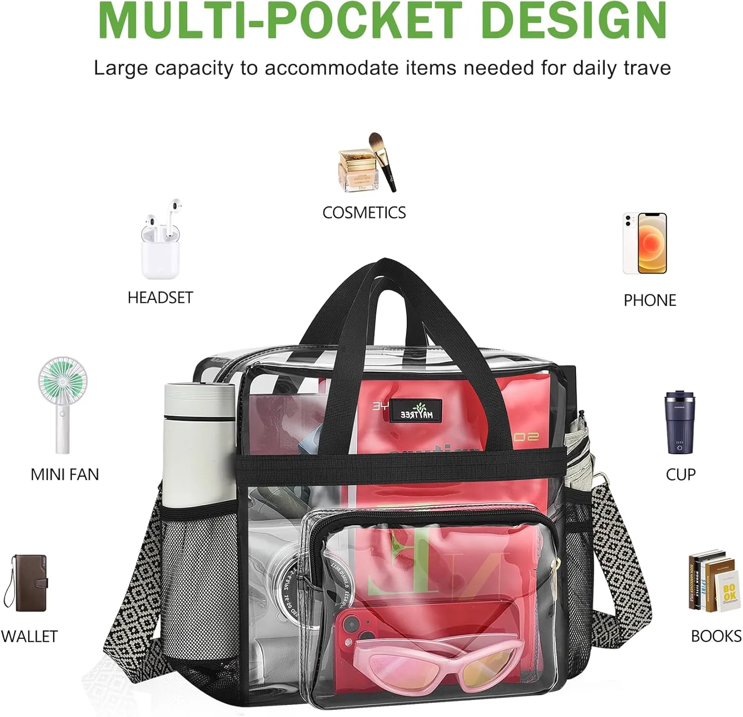 MAY TREE Clear Bag for Stadium Events, 12x6x12 Clear Tote Bag with Removable Strap, Transparent Bag for Concert Sports Festival, Wave-Strap