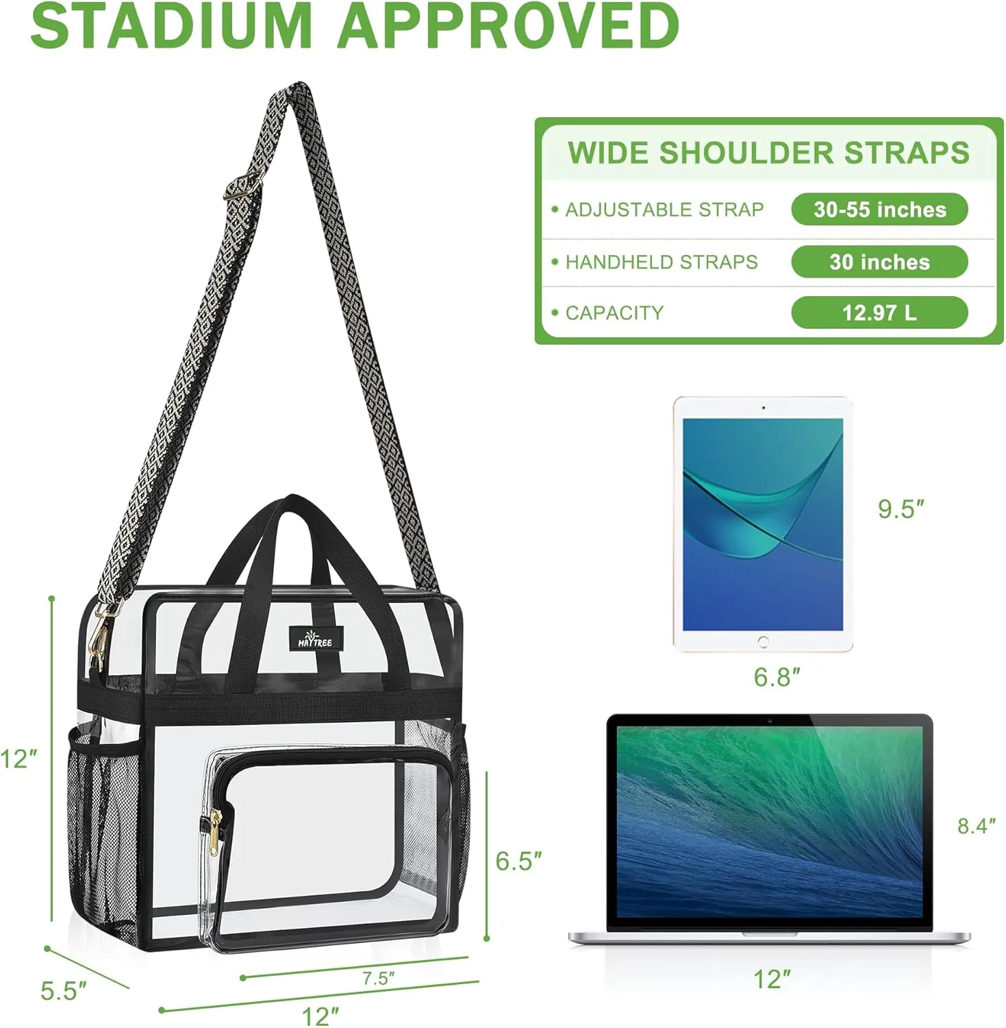 MAY TREE Clear Bag for Stadium Events, 12x6x12 Clear Tote Bag with Removable Strap, Transparent Bag for Concert Sports Festival, Wave-Strap
