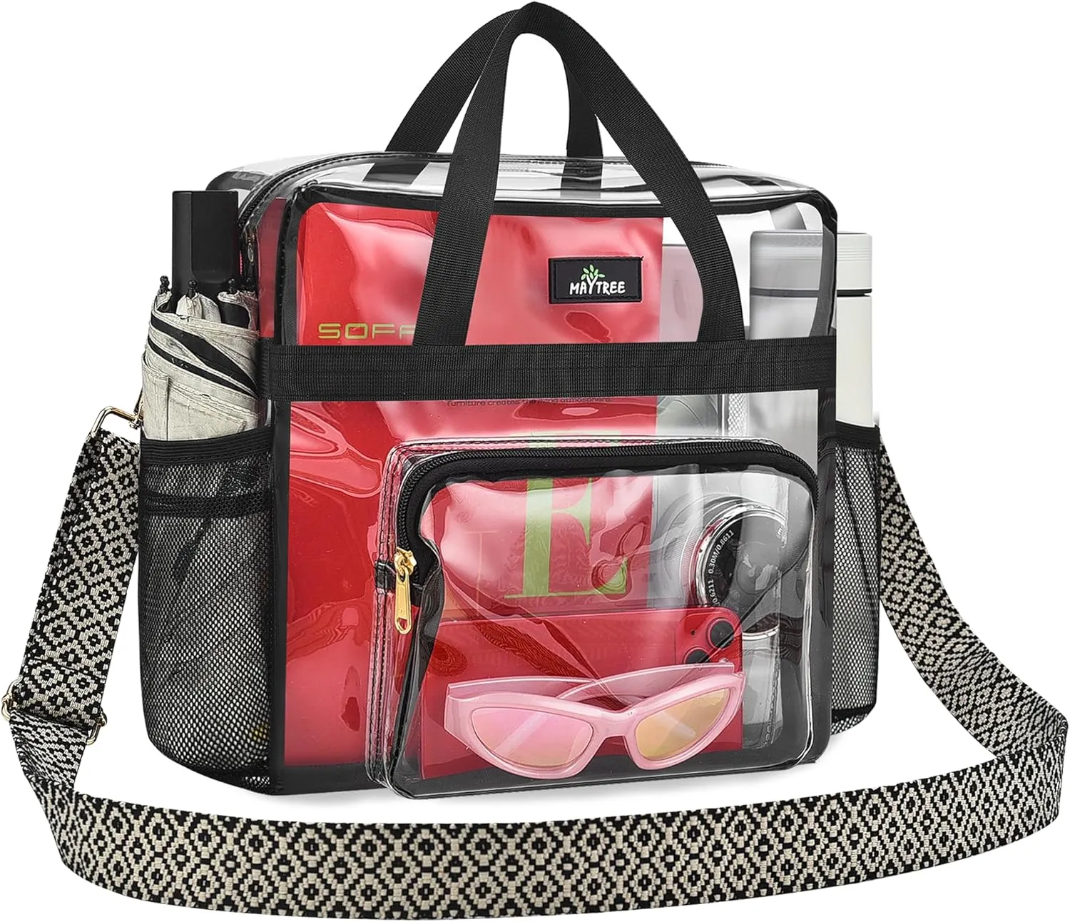 MAY TREE Clear Bag for Stadium Events, 12x6x12 Clear Tote Bag with Removable Strap, Transparent Bag for Concert Sports Festival, Wave-Strap