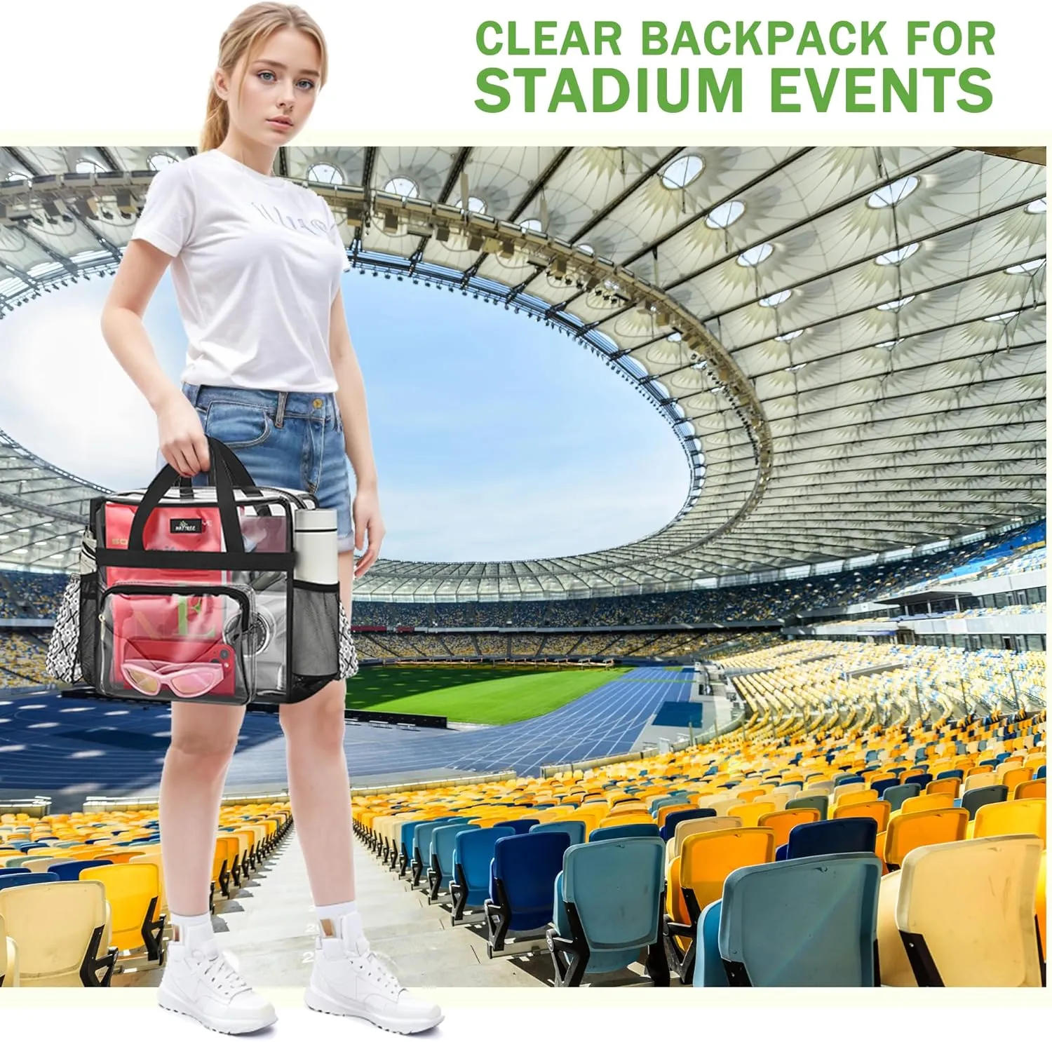 MAY TREE Clear Bag for Stadium Events, 12x6x12 Clear Tote Bag with Removable Strap, Transparent Bag for Concert Sports Festival, White Block-Strap