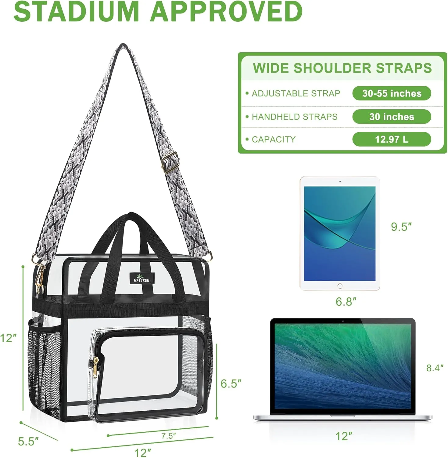 MAY TREE Clear Bag for Stadium Events, 12x6x12 Clear Tote Bag with Removable Strap, Transparent Bag for Concert Sports Festival, White Block-Strap