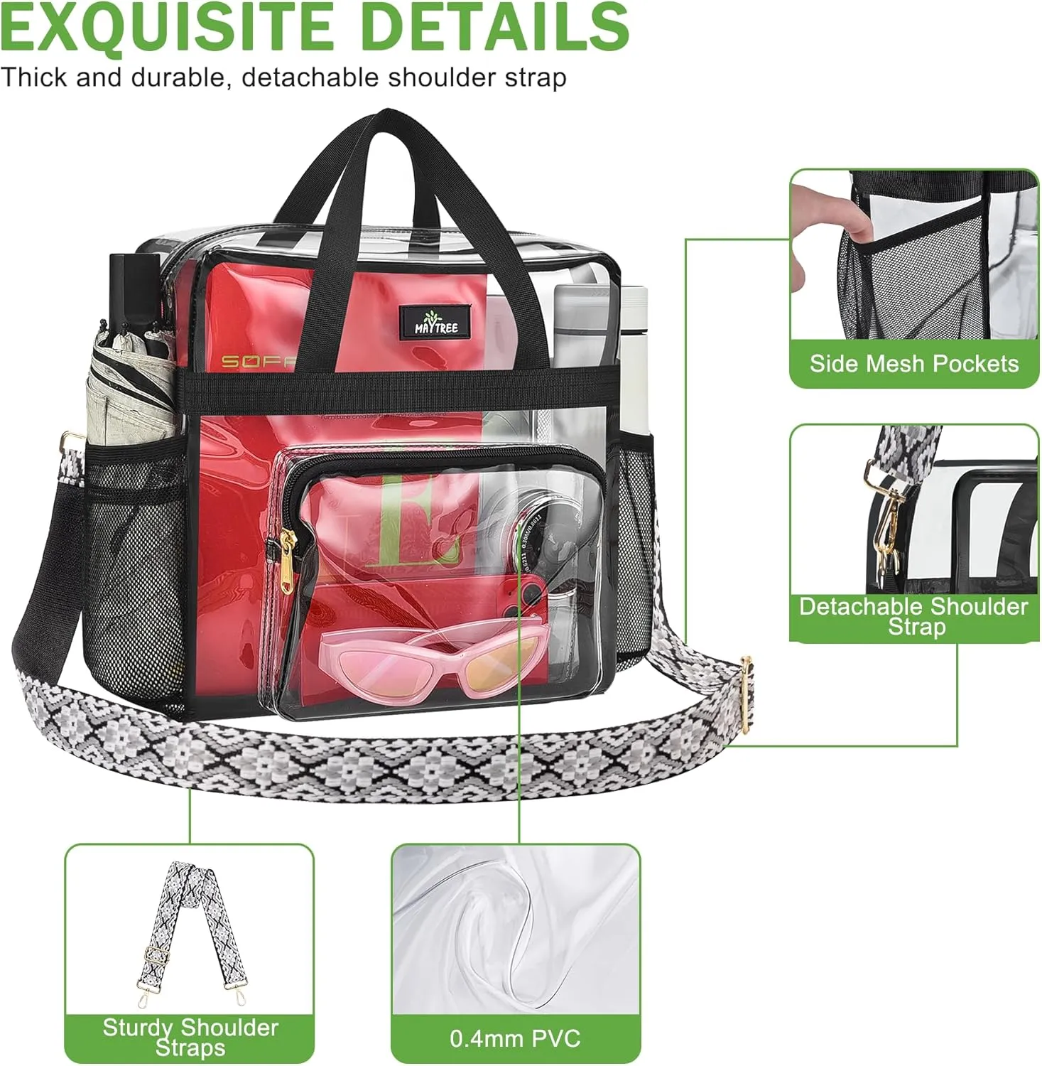 MAY TREE Clear Bag for Stadium Events, 12x6x12 Clear Tote Bag with Removable Strap, Transparent Bag for Concert Sports Festival, White Block-Strap