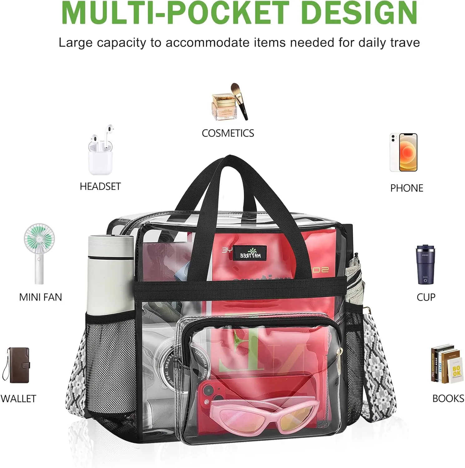 MAY TREE Clear Bag for Stadium Events, 12x6x12 Clear Tote Bag with Removable Strap, Transparent Bag for Concert Sports Festival, White Block-Strap
