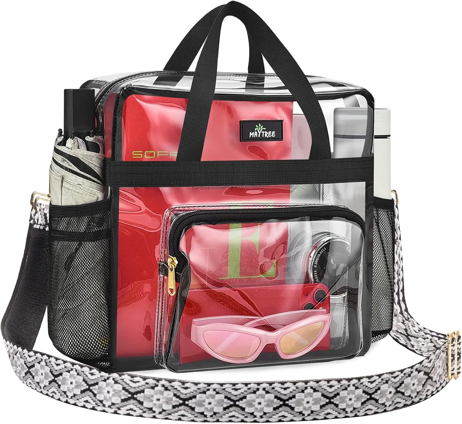 MAY TREE Clear Bag for Stadium Events, 12x6x12 Clear Tote Bag with Removable Strap, Transparent Bag for Concert Sports Festival, White Block-Strap