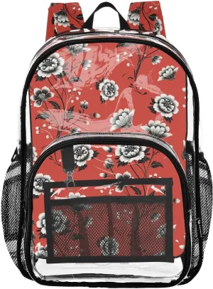 MCHIVER Carol Red Floral Clear Backpack Stadium Approved 10.6x5.1x15.7 Transparent Backpack for Beach Concert Travel