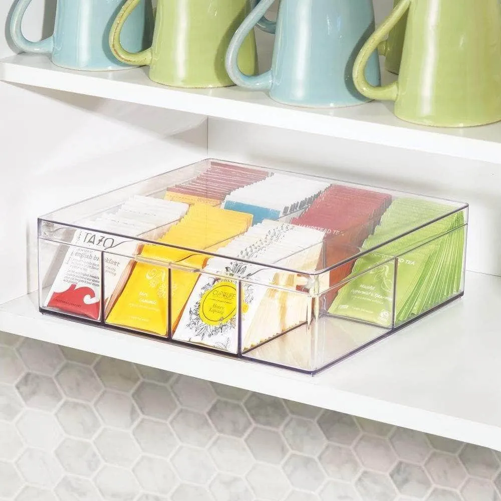 mDesign Tea Storage Organizer Box - 8 Divided Sections, Easy-View Hinged Lid - Use in Kitchen, Pantry, and Cabinets; Holder for Tea Bags, Packets, Small Items and Accessories, BPA free, 2 Pack - Clear