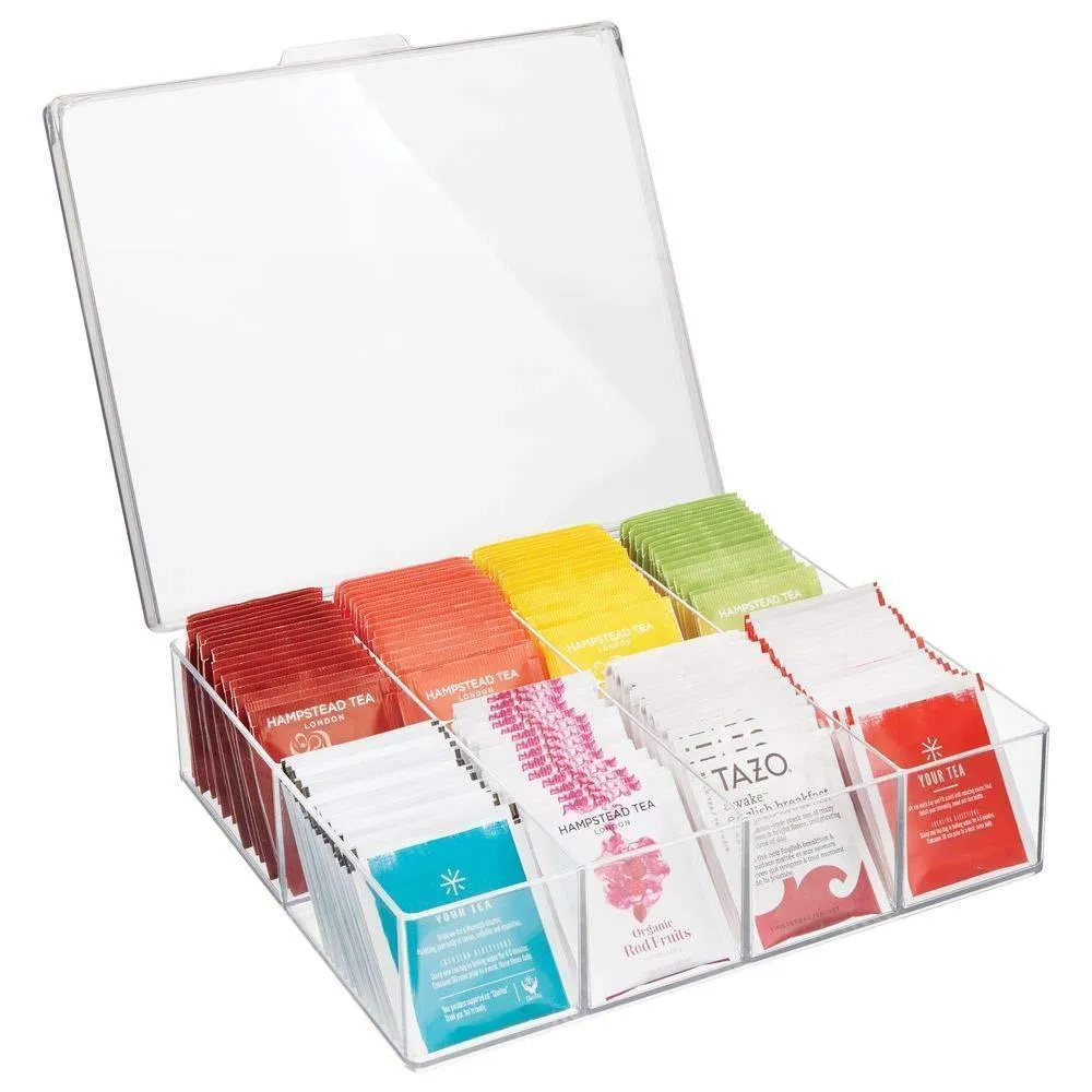 mDesign Tea Storage Organizer Box - 8 Divided Sections, Easy-View Hinged Lid - Use in Kitchen, Pantry, and Cabinets; Holder for Tea Bags, Packets, Small Items and Accessories, BPA free, 2 Pack - Clear