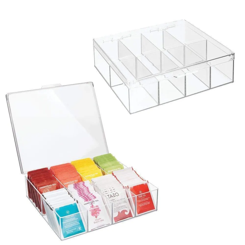 mDesign Tea Storage Organizer Box - 8 Divided Sections, Easy-View Hinged Lid - Use in Kitchen, Pantry, and Cabinets; Holder for Tea Bags, Packets, Small Items and Accessories, BPA free, 2 Pack - Clear