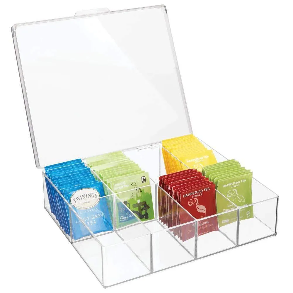 mDesign Tea Storage Organizer Box - 8 Divided Sections, Easy-View Hinged Lid - Use in Kitchen, Pantry, and Cabinets; Holder for Tea Bags, Packets, Small Items and Accessories, BPA free, 2 Pack - Clear