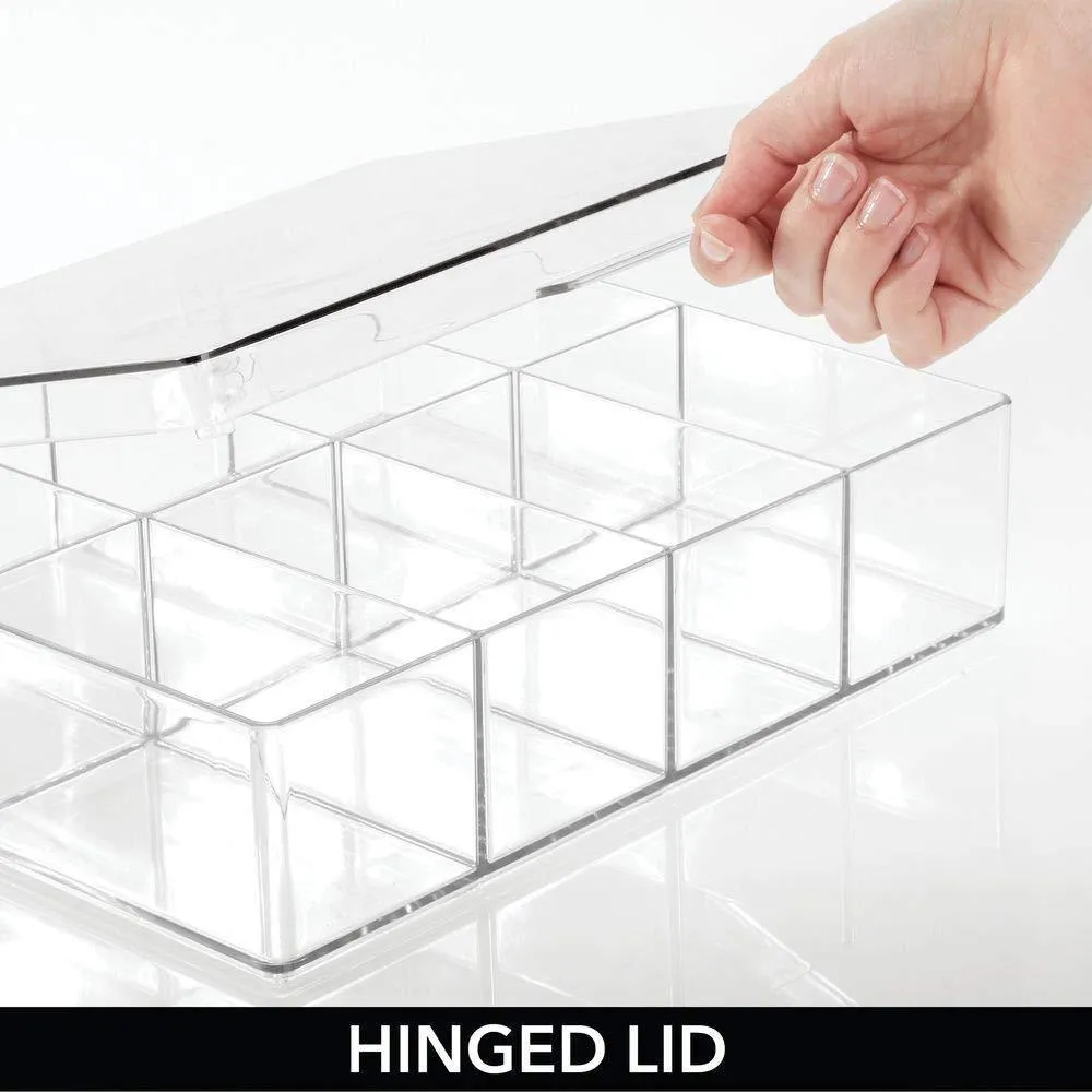 mDesign Tea Storage Organizer Box - 8 Divided Sections, Easy-View Hinged Lid - Use in Kitchen, Pantry, and Cabinets; Holder for Tea Bags, Packets, Small Items and Accessories, BPA free, 2 Pack - Clear