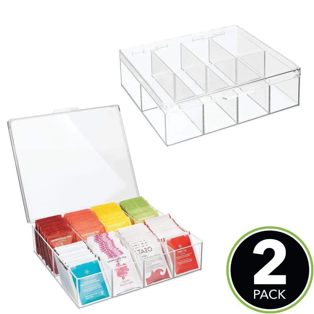 mDesign Tea Storage Organizer Box - 8 Divided Sections, Easy-View Hinged Lid - Use in Kitchen, Pantry, and Cabinets; Holder for Tea Bags, Packets, Small Items and Accessories, BPA free, 2 Pack - Clear