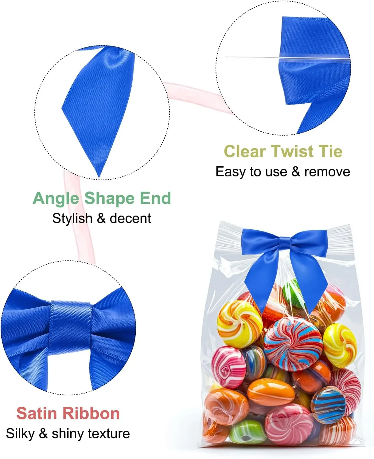 MECCANIXITY 50 Pcs Pre-Tied Bows Satin Ribbon Bows 4.5" Twist Ties Gift Bows for Craft DIY Candy Bags Christmas Wedding Decor Party Treat Bags Bright Blue