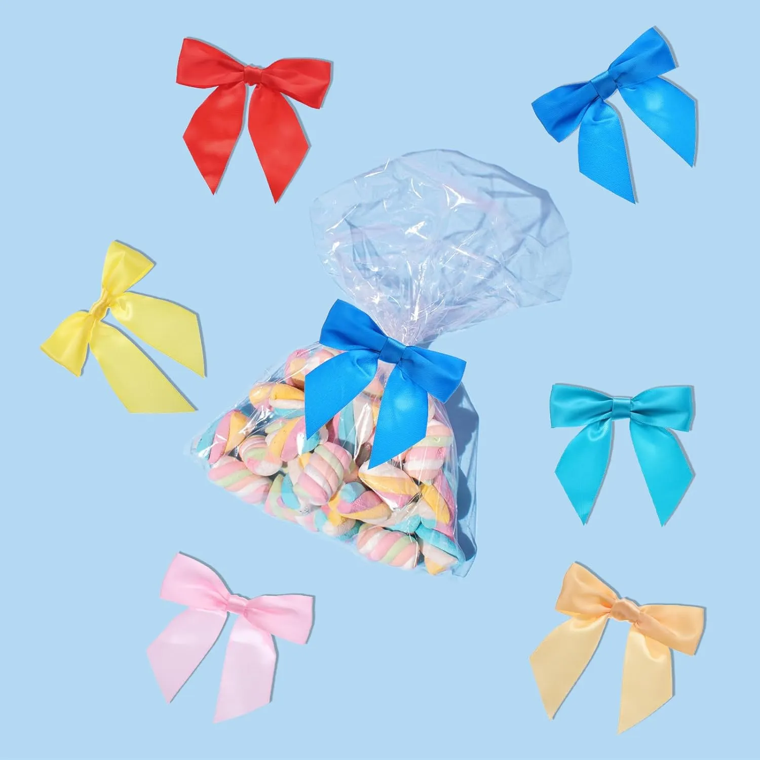 MECCANIXITY 50 Pcs Pre-Tied Bows Satin Ribbon Bows 4.5" Twist Ties Gift Bows for Craft DIY Candy Bags Christmas Wedding Decor Party Treat Bags Bright Blue
